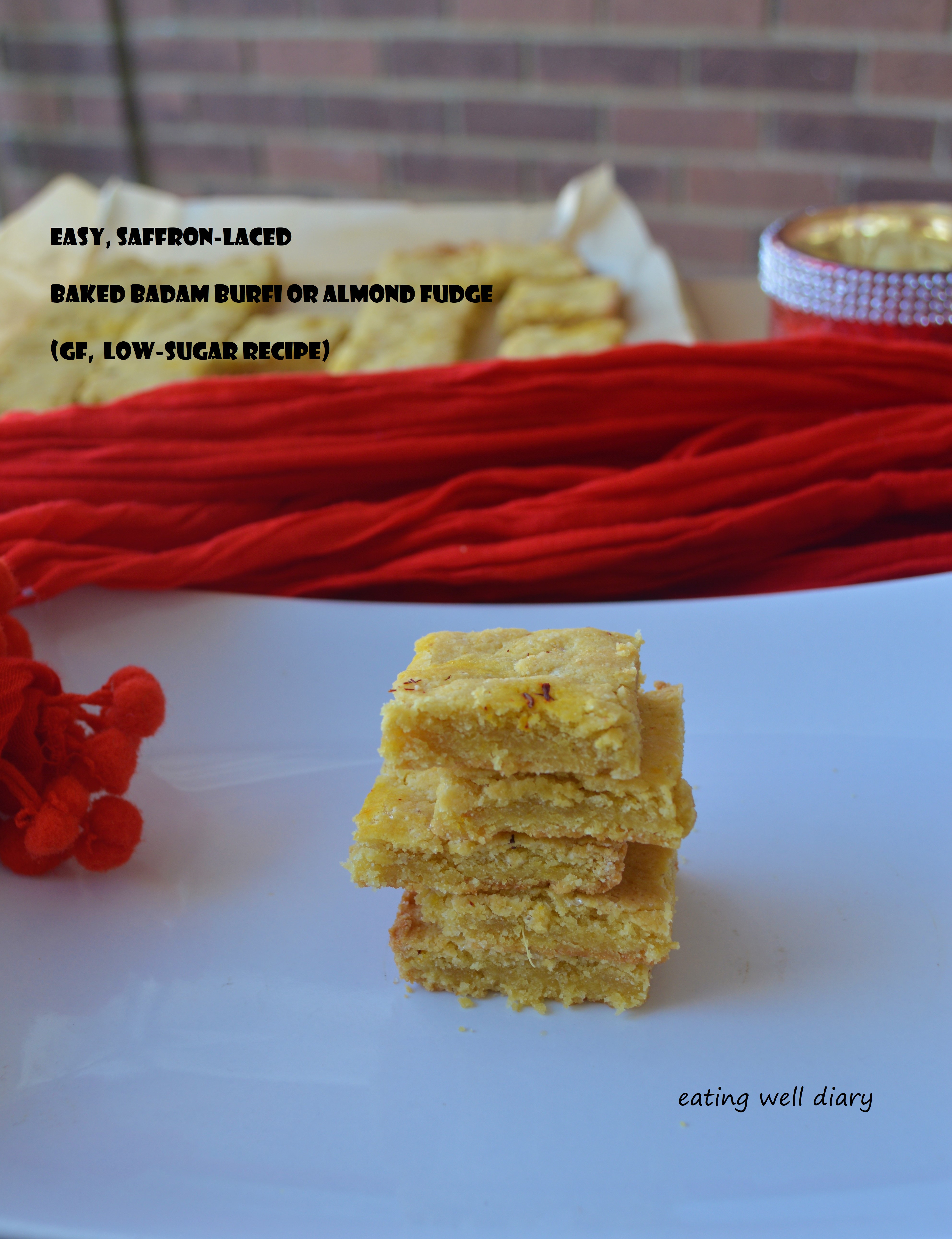 Easy Saffron-laced Baked Badam Burfi or Almond Fudge (gluten-free, vegan, low-sugar)