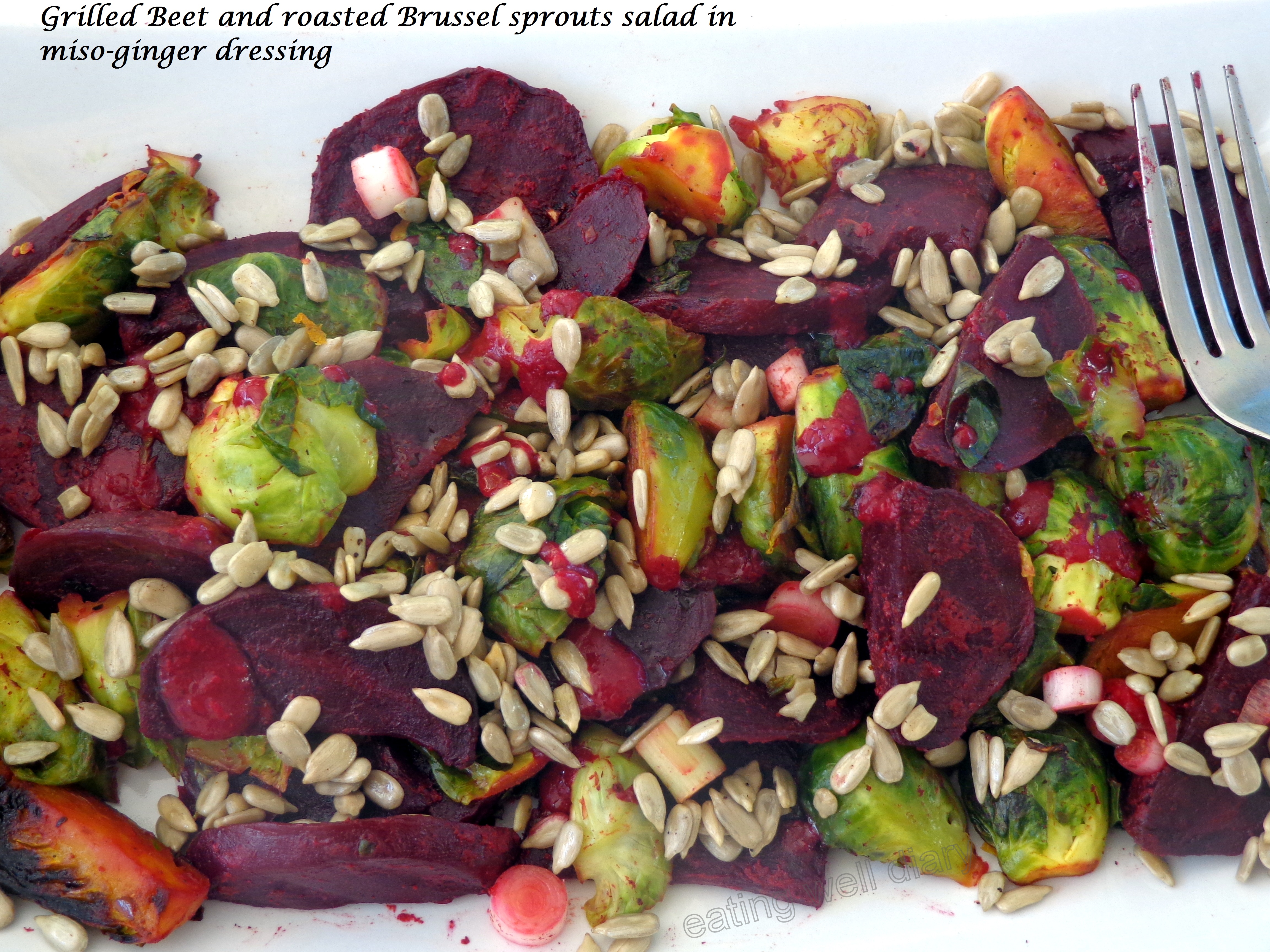 Grilled beet and brussel sprouts salad with miso-ginger dressing