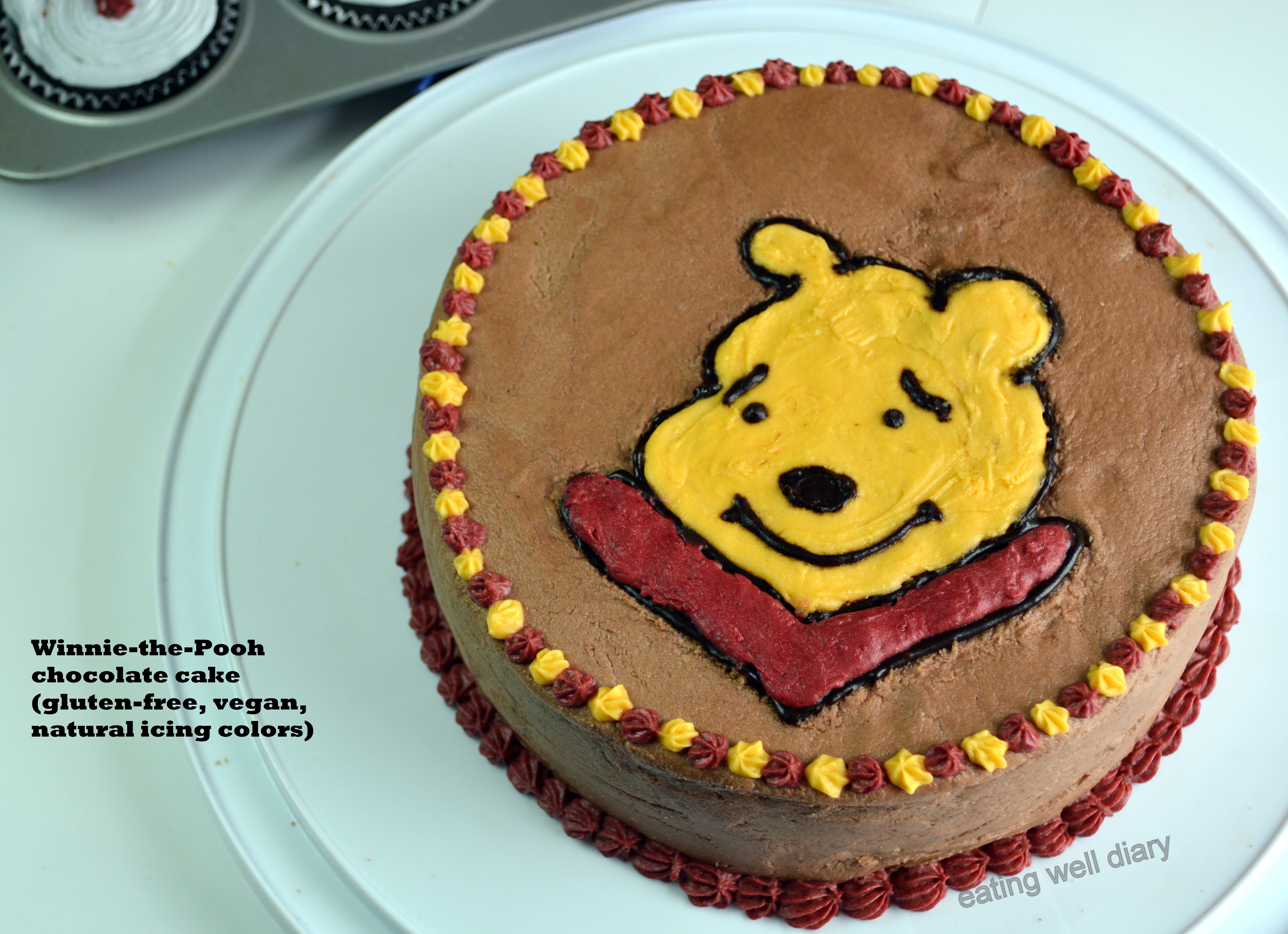 Winnie the Pooh Chocolate Birthday cake (gluten-free, vegan, natural icing colors)- Meatless Monday